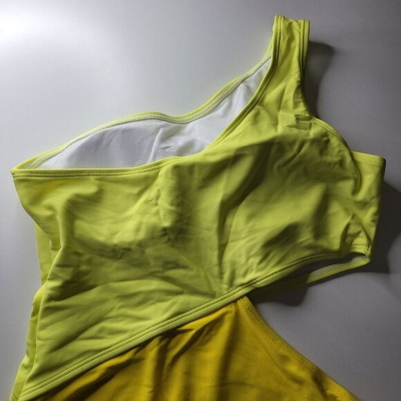 Yellow One Shoulder Swimsuit Block Colors Cutout Side‎ Womens Large Neon Bright - Picture 4 of 13
